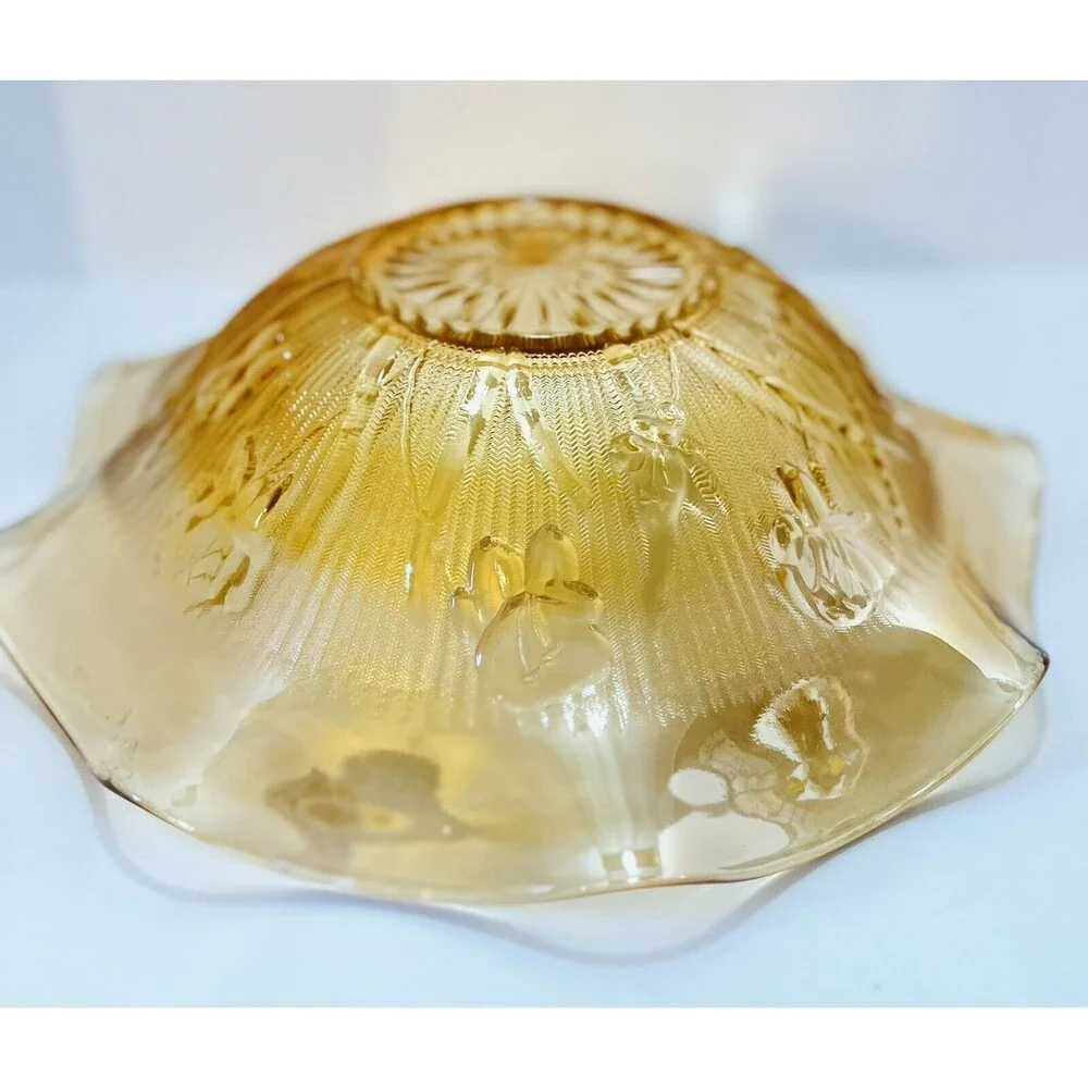 Jeannette Iris Herringbone Marigold Carnival Glass 11” Ruffled Fruit Bowl